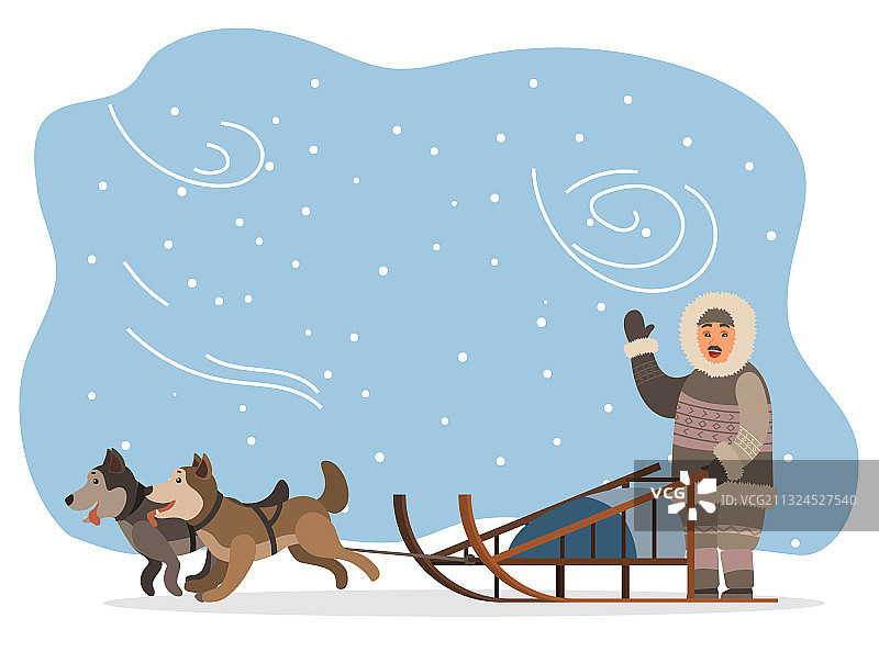 穿着毛皮衣服的哈士奇犬和爱斯基摩人与雪橇图片素材