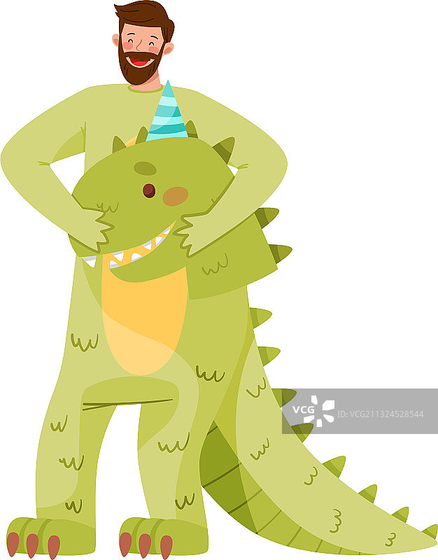 穿着恐龙服装的微笑胡须男人图片素材