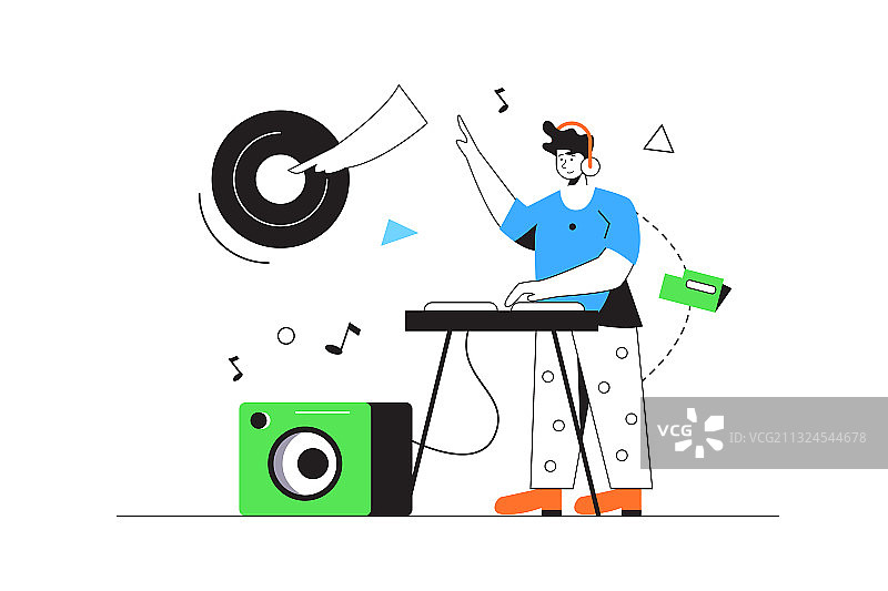 扁平风格的DJ在面板上播放音乐图片素材