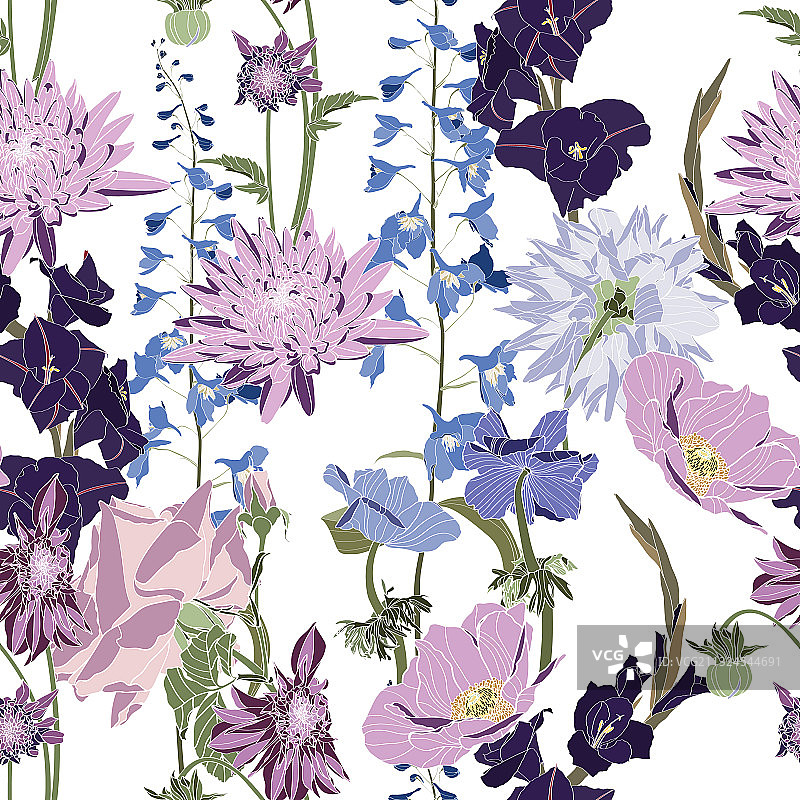 大丽花飞燕草无缝图案图片素材