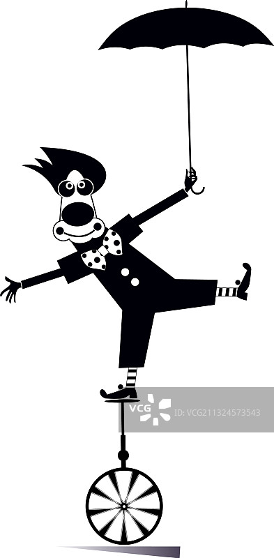 小丑在单轮车上表演平衡图片素材