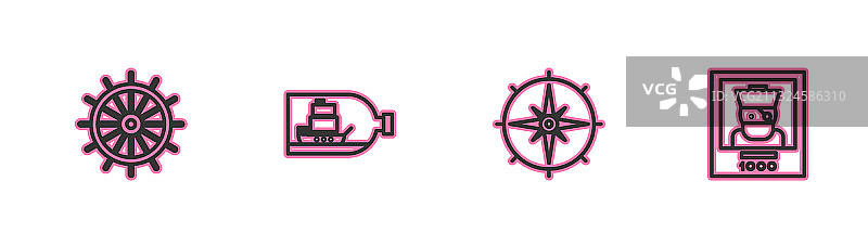 线条组合：船、方向盘、风向标、瓶子图片素材