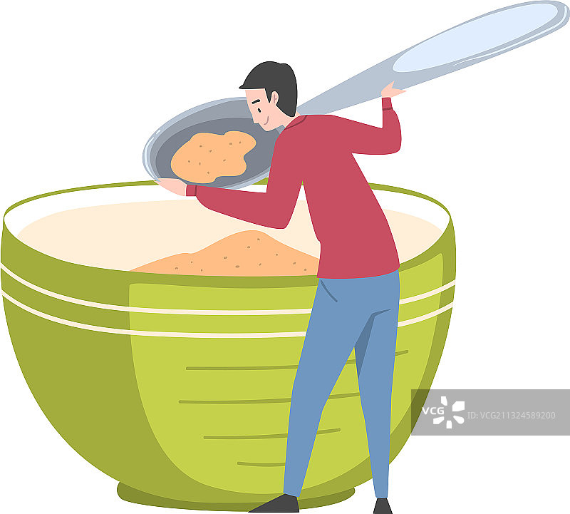 小男人拿着大勺子吃麦片图片素材