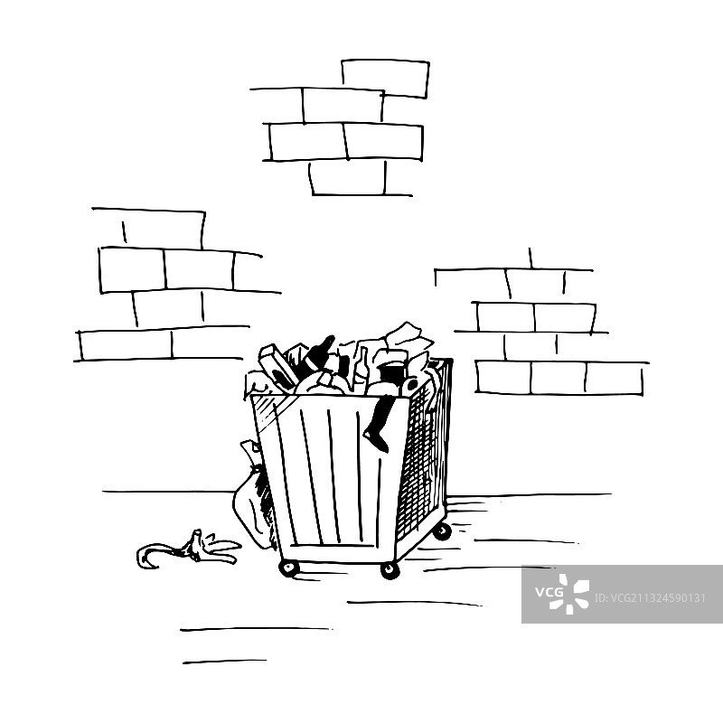 墙边的垃圾箱手绘垃圾图片素材