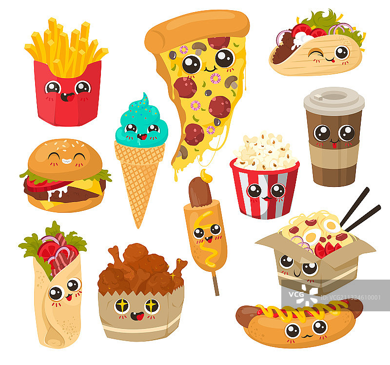 可爱的快餐食品角色扁平设计图片素材