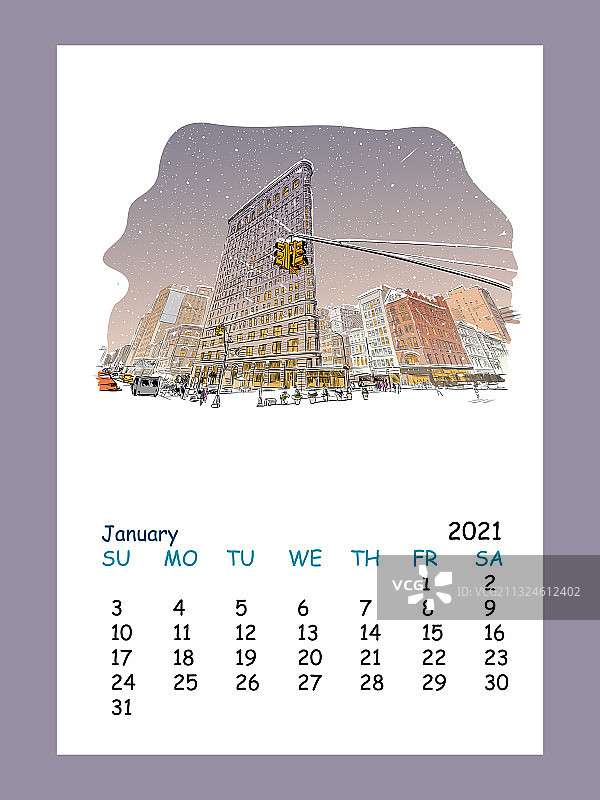 2021年1月日历表，纽约图片素材