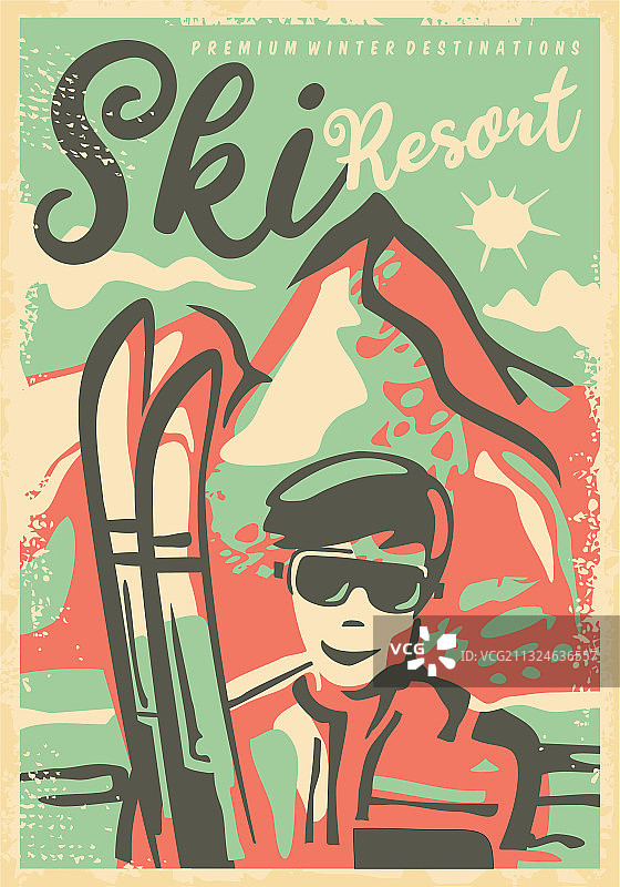 滑雪胜地复古海报设计模板图片素材