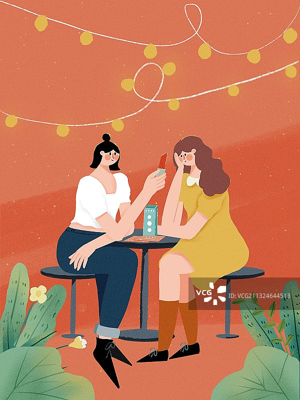 美妆节两个女孩讨论化妆品电商插画图片素材