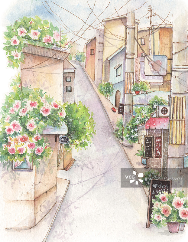 水彩插画风景建筑系列通向远方的街道图片素材