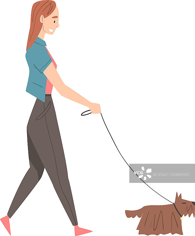 卡通风格的女孩在公园里遛狗图片素材