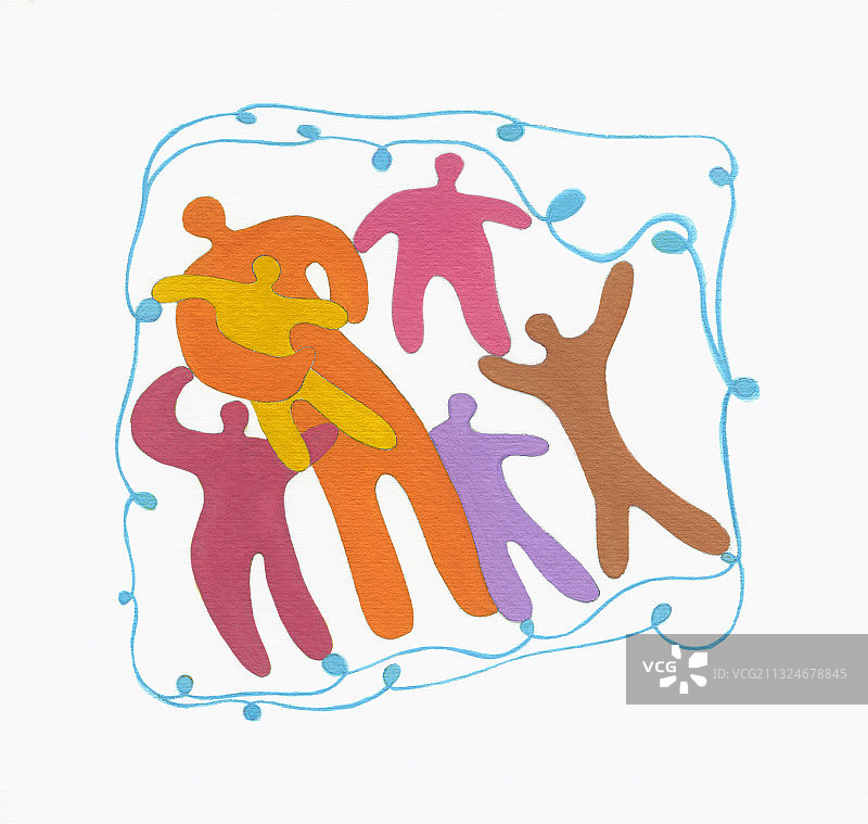 一群举起手臂的剪影，被花环环绕。插图图片素材