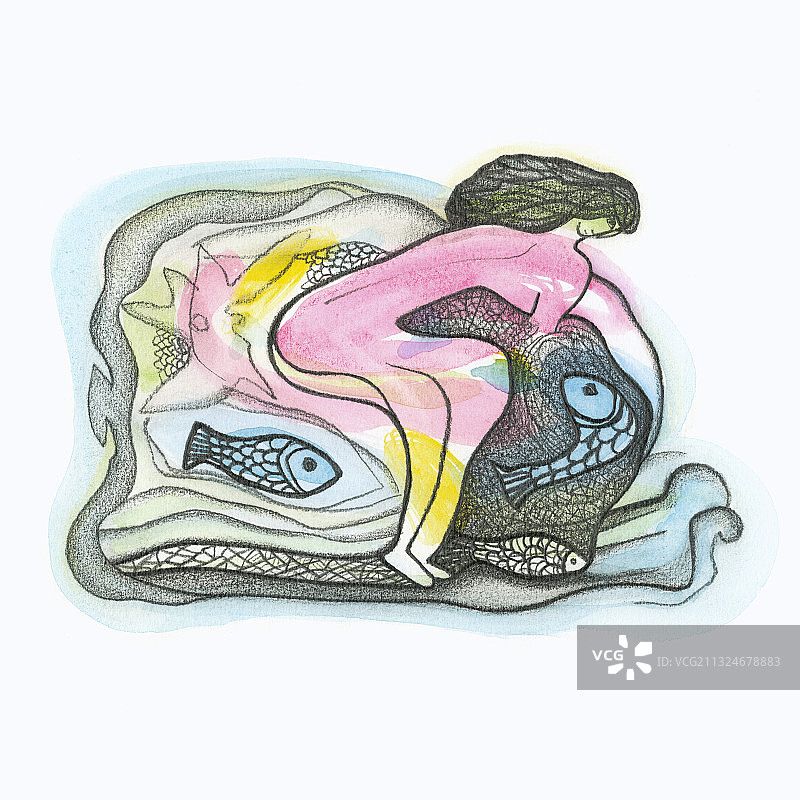 在鱼群中游泳的粉色女人插画图片素材