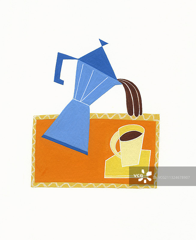 意大利咖啡机往杯中倒黑咖啡插画图片素材