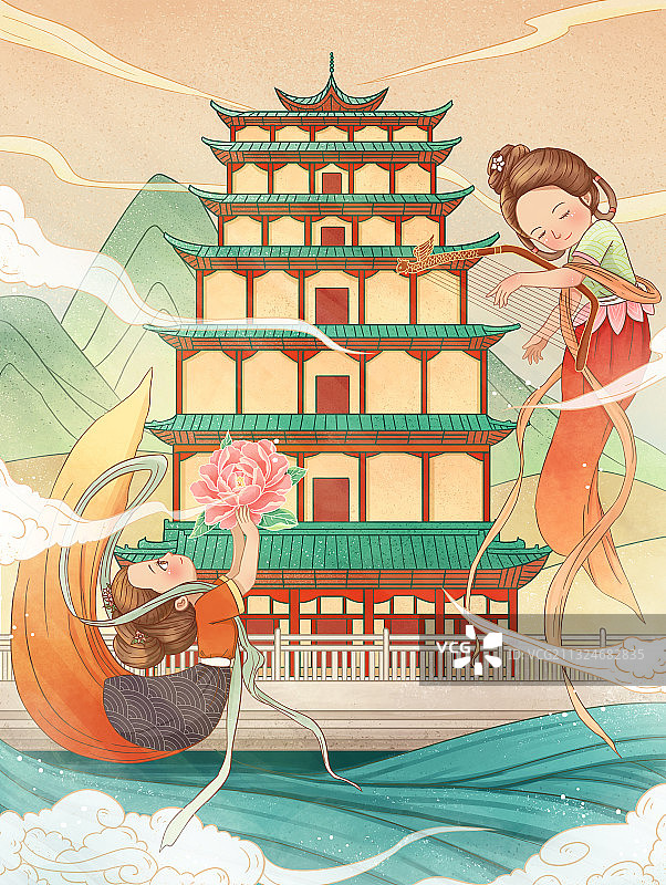 甘肃敦煌莫高窟飞天仕女箜篌古风国潮城市旅游插画图片素材