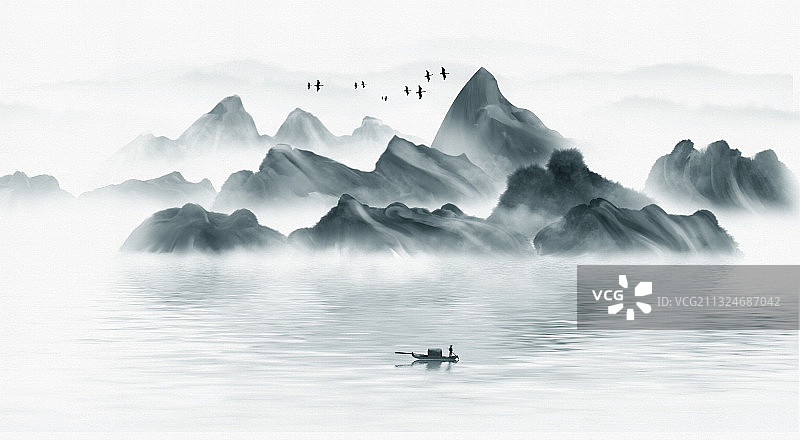 中国风蓝色山水插画图片素材