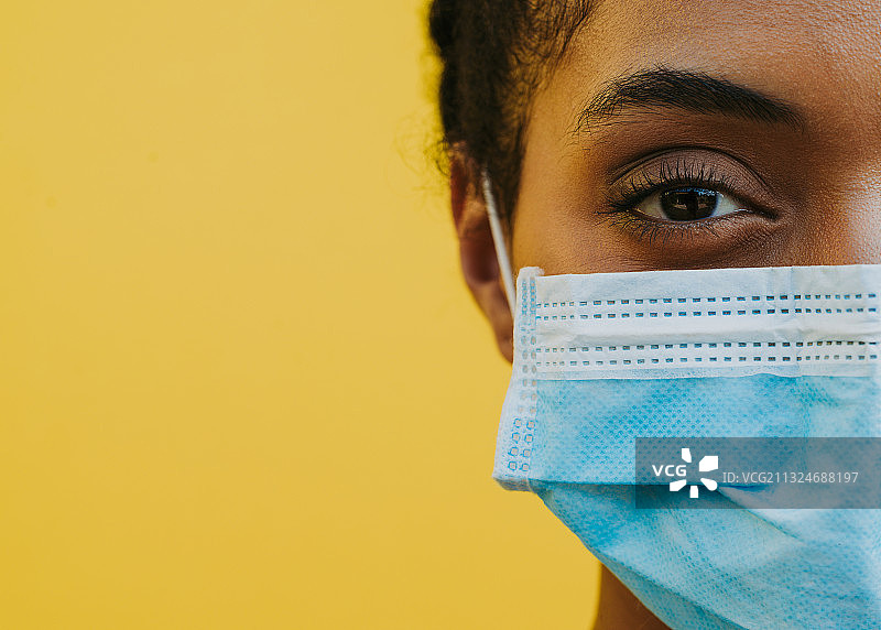 戴外科口罩的女人特写肖像，黄色背景图片素材