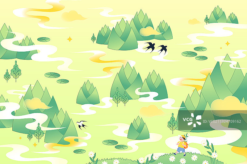 卡通春季春天花卉端午节竹笋电商亲子儿童春游中国风国潮矢量插画图片素材