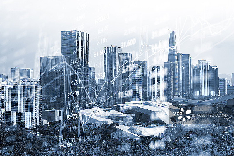 深圳城市建筑景观和金融股市证券走势概念图片素材