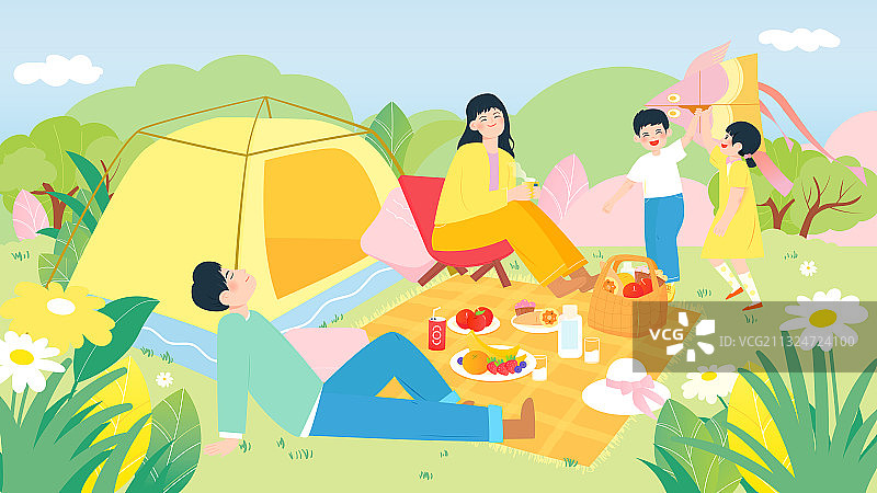 一家人户外帐篷郊游野餐矢量插画横图图片素材