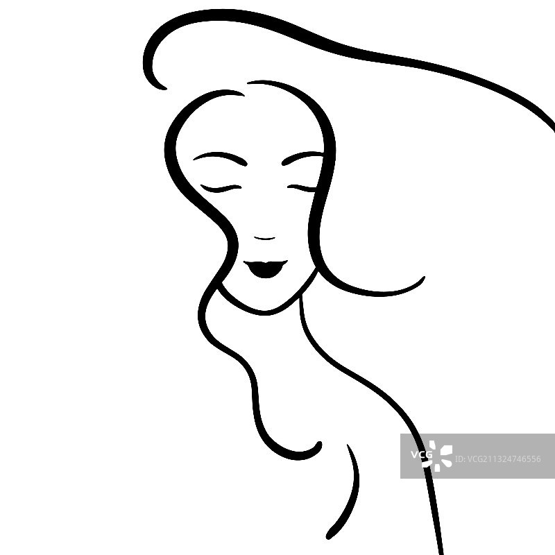 线条勾勒的卷发年轻女子肖像图片素材