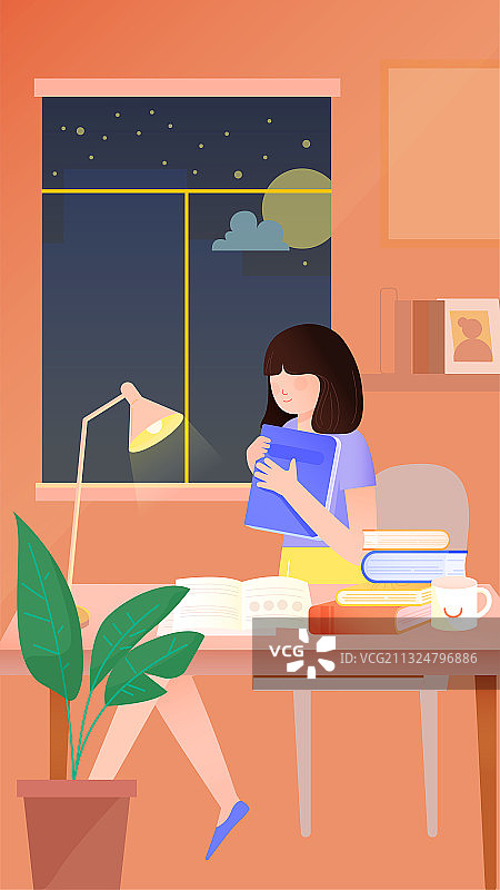 女孩抱着书坐在书桌前备考矢量插画海报竖图图片素材