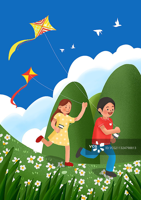 两小孩放风筝图片素材