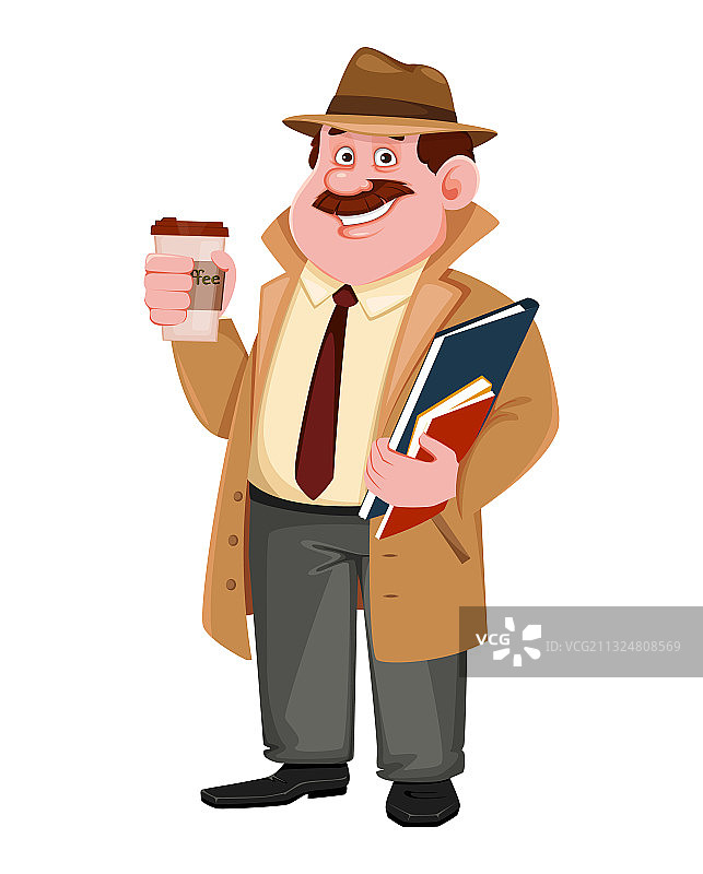 卡通侦探角色咖啡休息图片素材