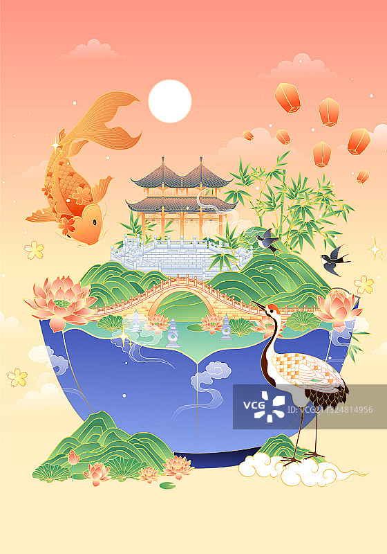 园林古亭风景矢量插画图片素材