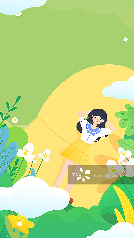 夏日女孩躺在花朵上矢量插画图片素材