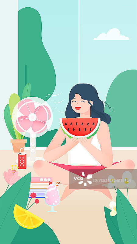 女孩居家吹风扇吃西瓜矢量插画海报竖图图片素材