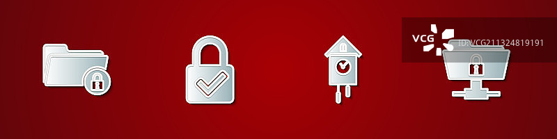 复古墙上的文件夹和锁及复选标记图片素材