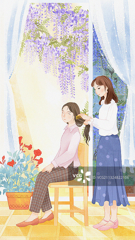 紫藤花窗前给母亲梳头的女儿温馨插画图片素材