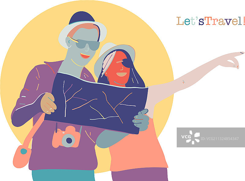 年轻夫妇旅行度假，使用地图图片素材