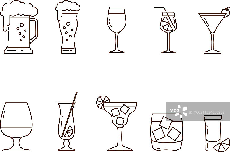 酒精饮料和玻璃器皿图标集图片素材
