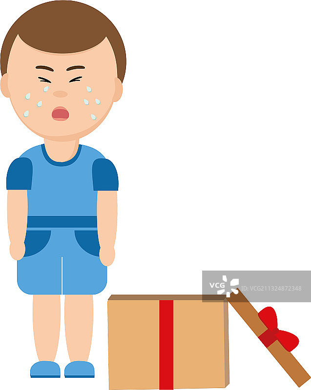 哭泣的男孩和打开的带丝带盒子图片素材