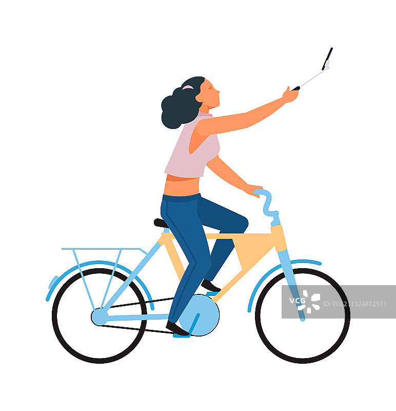骑自行车用智能手机的卡通女孩图片素材
