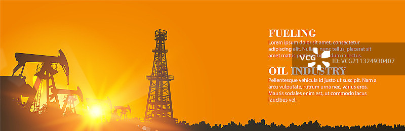日落时分的石油钻井平台和油泵轮廓图片素材