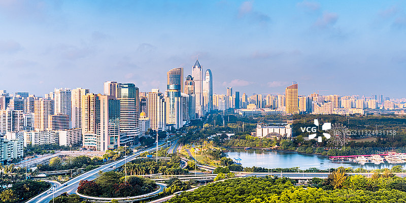 中国海南海口国贸CBD和滨海立交桥高视角建筑风光图片素材
