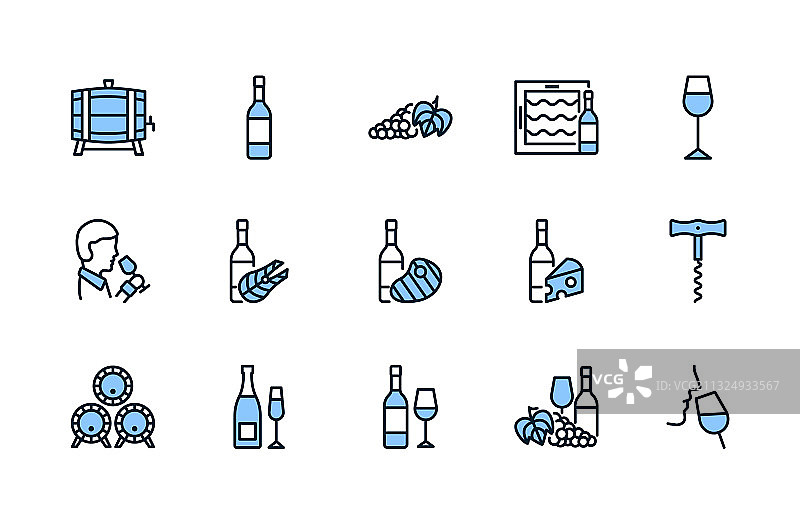 蓝色葡萄酒扁平线条图标集图片素材