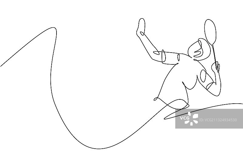 年轻的羽毛球运动员一笔画图片素材