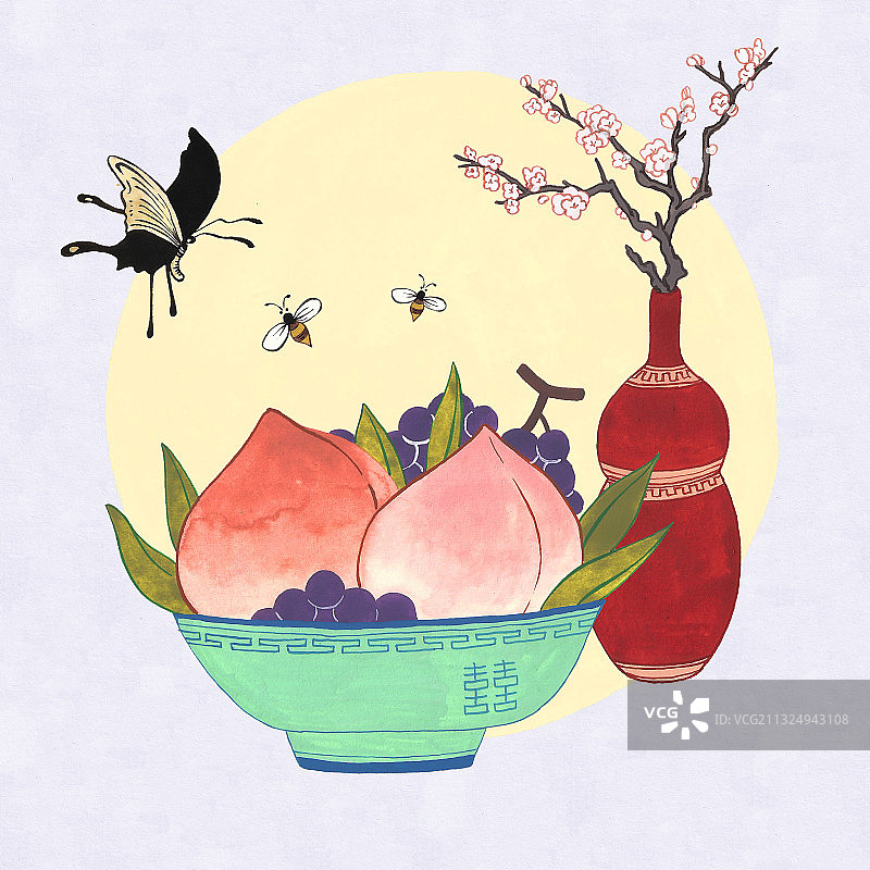 亚洲风绘画：桃子、葡萄、鲜花、蝴蝶和蜜蜂图片素材