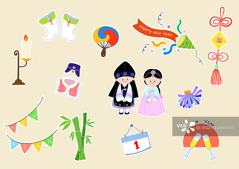 韩国新年韩服主题贴纸图标集图片素材