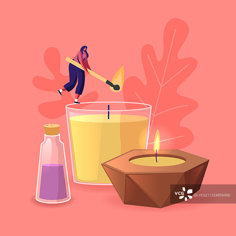 娇小的女人燃烧巨型香薰蜡烛图片素材