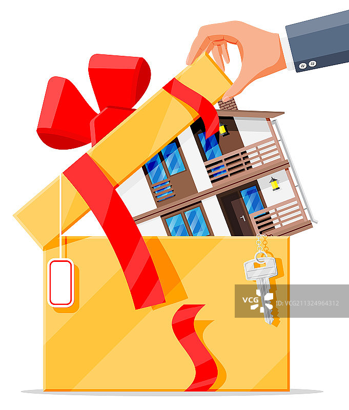 礼品盒里的郊区家庭住宅和钥匙图片素材