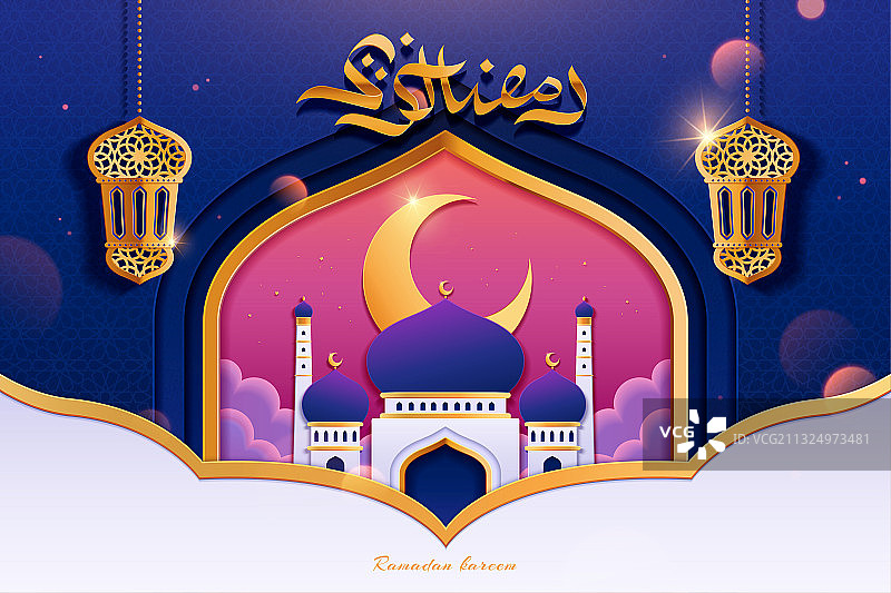 伊斯兰清真寺剪纸风背景图片素材