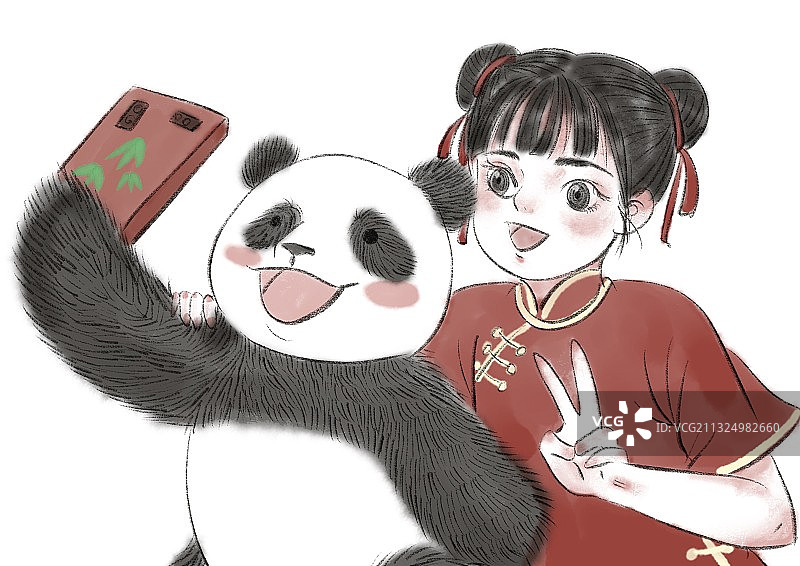 熊猫与女孩自拍图片素材