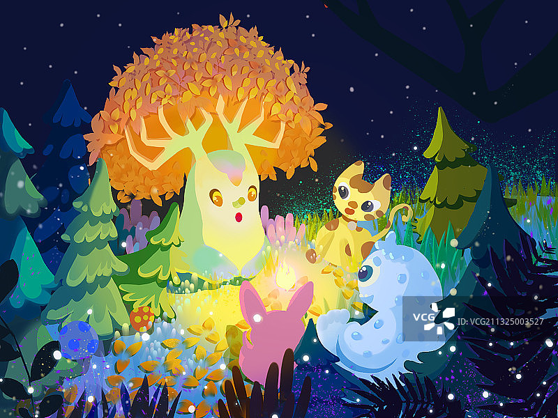 森林树精灵与小动物们的聚会图片素材