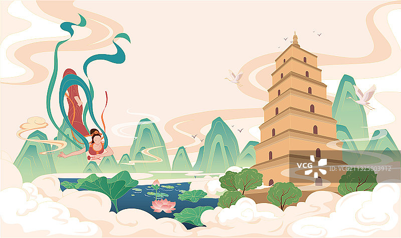 东方国潮风仙女下凡西安大雁塔仙境图图片素材