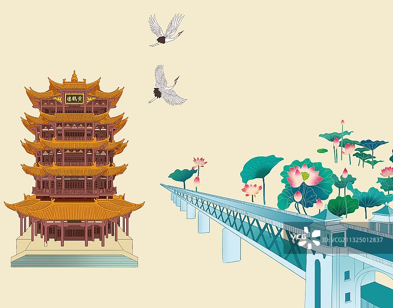 湖北武汉历史景点黄鹤楼武汉长江大桥插画图片素材