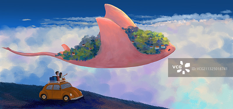 情侣浪漫旅行云朵云海情侣爱情插画图片素材